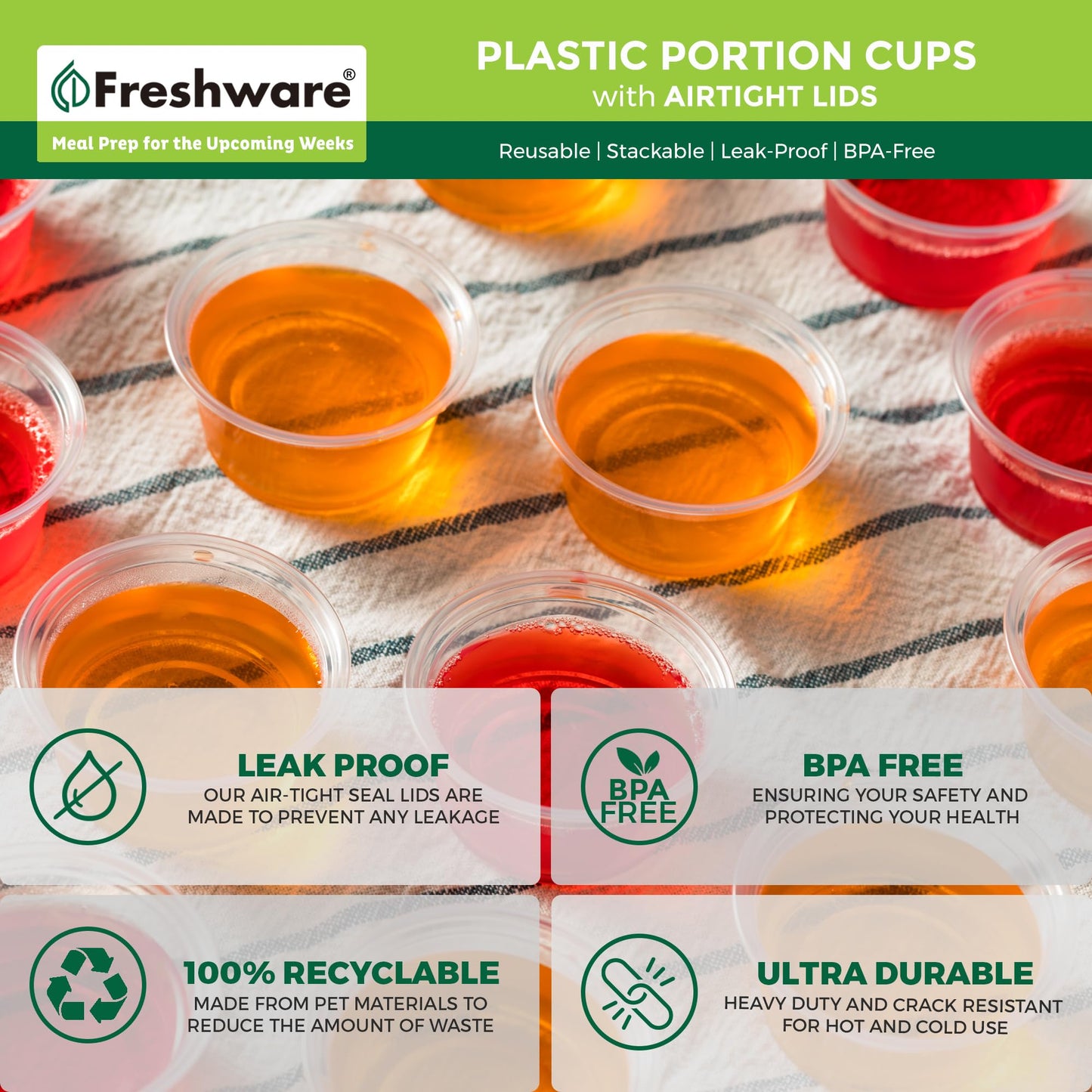 Freshware Plastic Portion Cups with Lids [1 Ounce, 200 Sets] Disposable Plastic Cups for Meal Prep, Salad Dressing, Jellos Shot Cups, Souffle Cups, Condiment and Dipping Sauce Cups