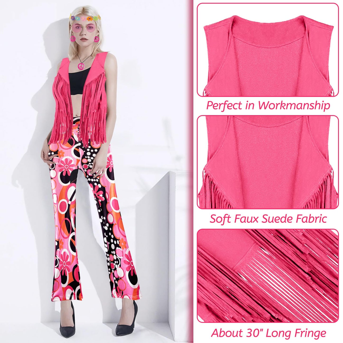 FunMular 60s 70s Outfits for Women Hippie Clothes Costume With 70's Tops Accessories Pants Fringe Vest Tassel Cardigan