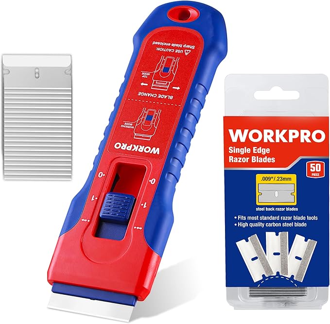 WORKPRO Retractable Razor Blade Scraper with 56 Blades, Built-in Storage Cleaning Scraper Tool for Paint Stickers Adhesive Glass Ceramic Wood