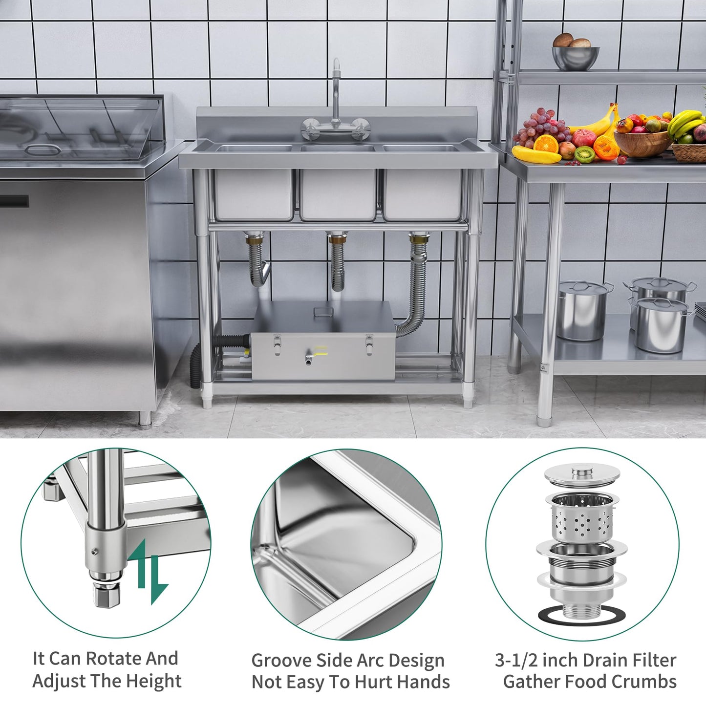 YITAHOME Freestanding Commercial Restaurant Kitchen Sink NSF Stainless Steel 3 Compartment Bowl Outdoor Sink with Storage Shelve for Restaurant, Garage (39"x 18"x 37")