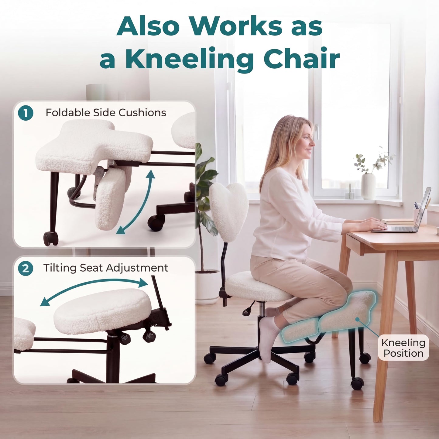 Ergonomic Cross Legged Office Chair with Foot Rest for Kneeling Seating - Crisscross Desk Chair with Wheels for ADHD to Sit Cross Legged - Multi-Position Adjustable Seat with Back Support for Women