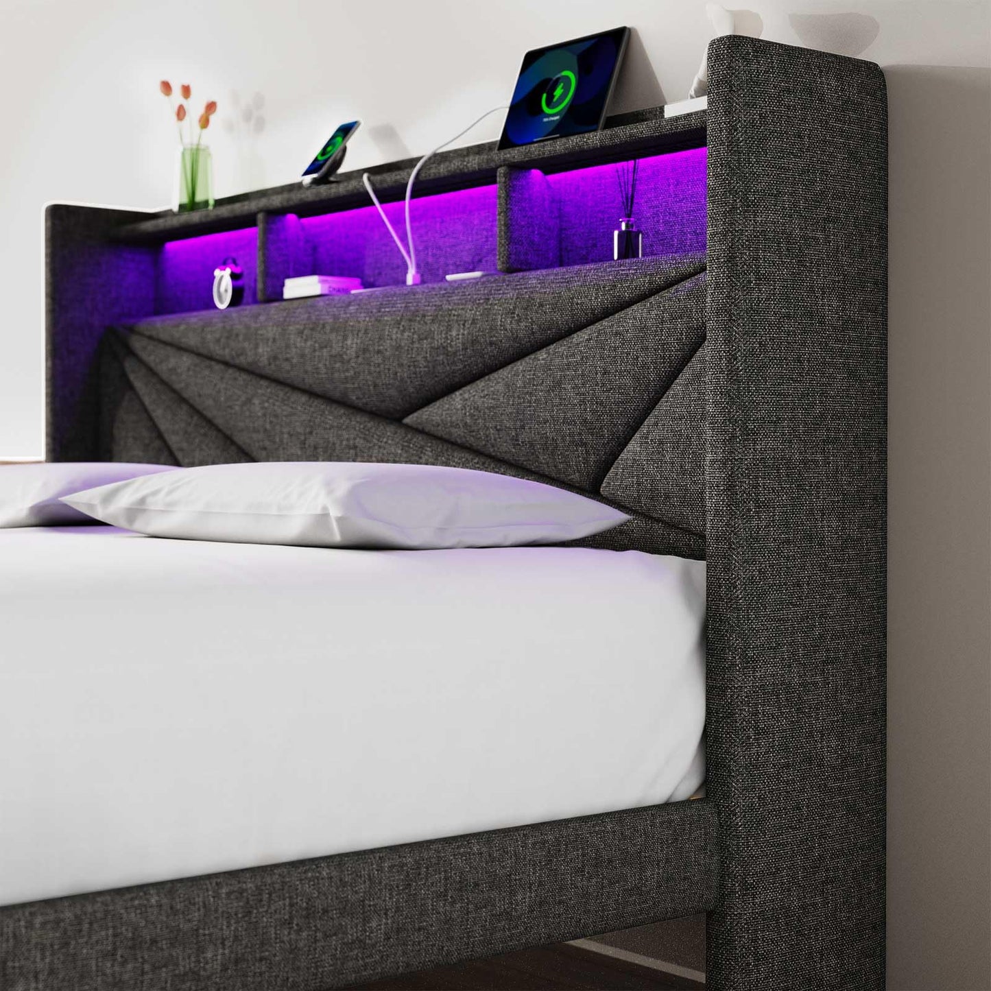 Driftalia LED Full Size Bed Frame with 2 Storage Drawers, Upholstered Full Bed Frame with Headboard and Charging Station, No Box Spring Needed, Easy to Assembly-Dark Grey