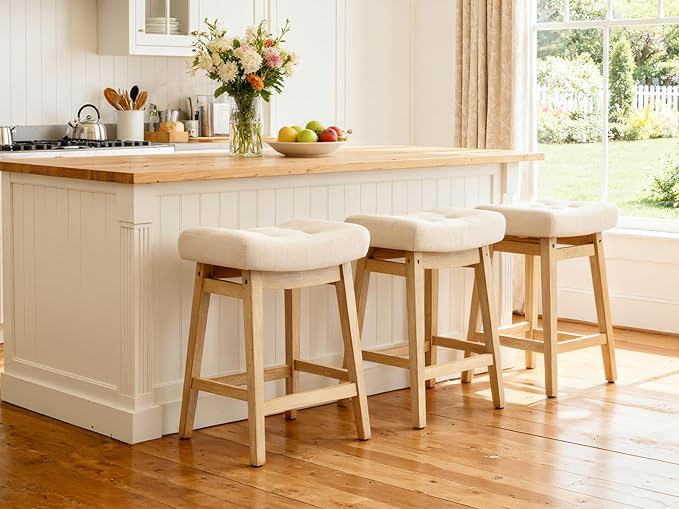 RNKSFX Counter Height Bar Stool for Kitchen Counter Modern Backless Barstool with Upholstered Fabric Seat and Solid Wood Leg Farmhouse 24 inch Bar Chair, Khaki + Wood Color, 1pc