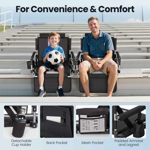 HIGH POINT SPORTS Foldable Stadium Seats for Bleachers with Back Support, 2PCS Bleacher Seats Chairs with Back and Cushion, Portable Folding Stadium Chairs with Armrest, Black