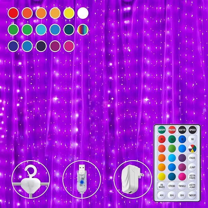 16 Colors Changing Curtain Lights - 250 LED 9.8 X 8.8 FT Fairy String, 7 Modes Twinkle with Remote, Backdrop Wall Hanging ...