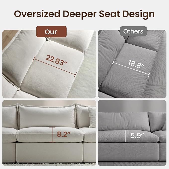 ModernMate 83" Modular Sectional Sofa, L Shaped Couch Set for Living Room, Down Filled Cloud Couch with Storage Ottoman, 2 Seater Loveseat Deep Seat Sofa, Chenille, Beige