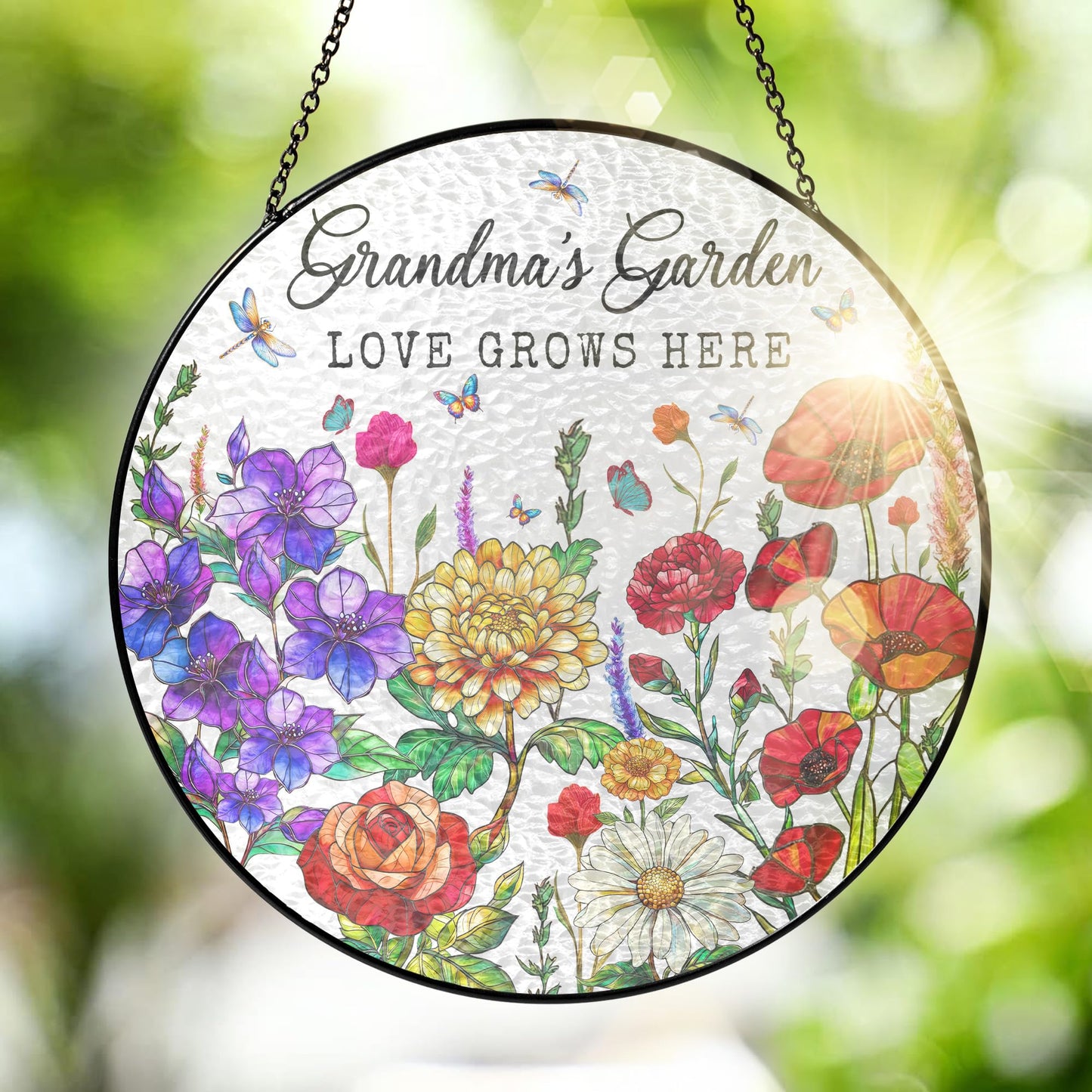 FLAGWIX Grandma Birthday Gifts - Grandma's Garden Stained Glass Window Hanging with Base 8 in - Birthday Gift for Grandma, Christmas Grandparents Day Gifts for Nana Gigi, Sun Catchers Indoor Window