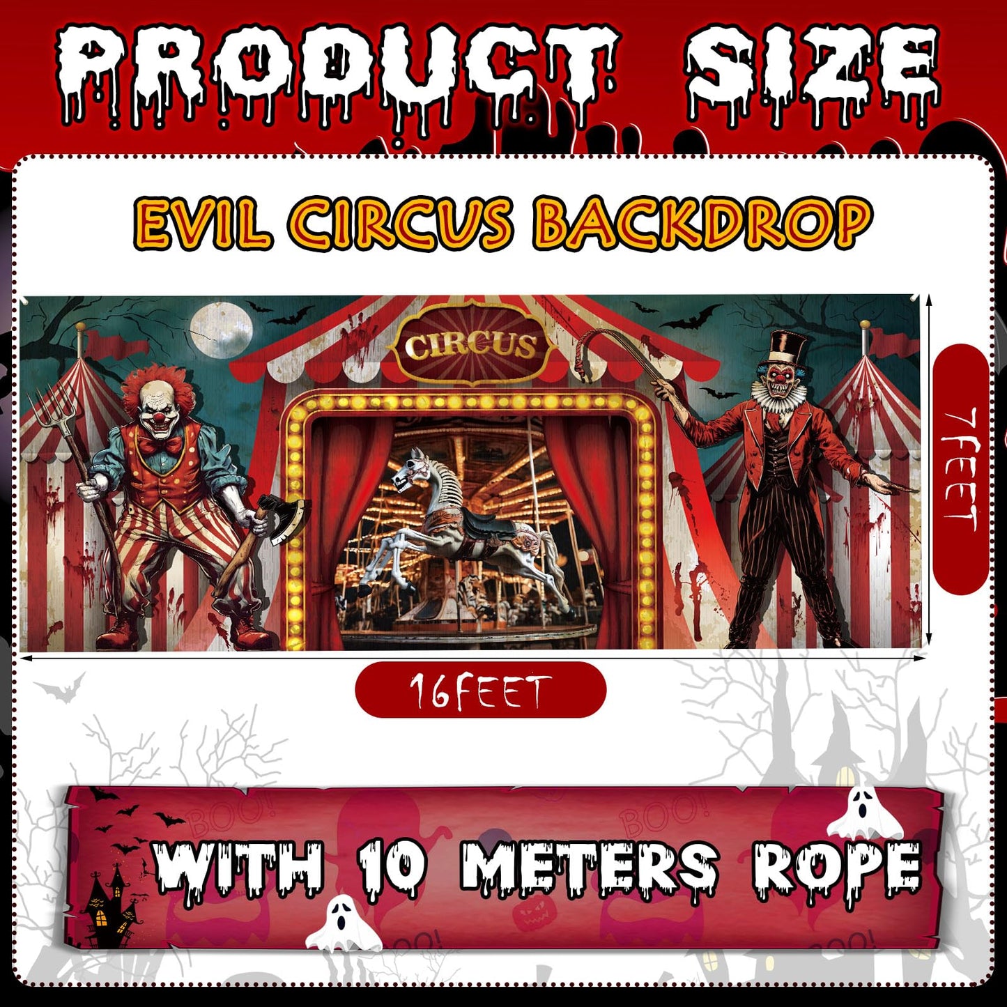 Tingjoo 7 x 16 ft Halloween Garage Door Decoration Banner Evil Circus Garage Door Decor Cover Halloween Backdrop Carnival Evil Circus Theme Backdrop Clown Background for Birthday Photography Party