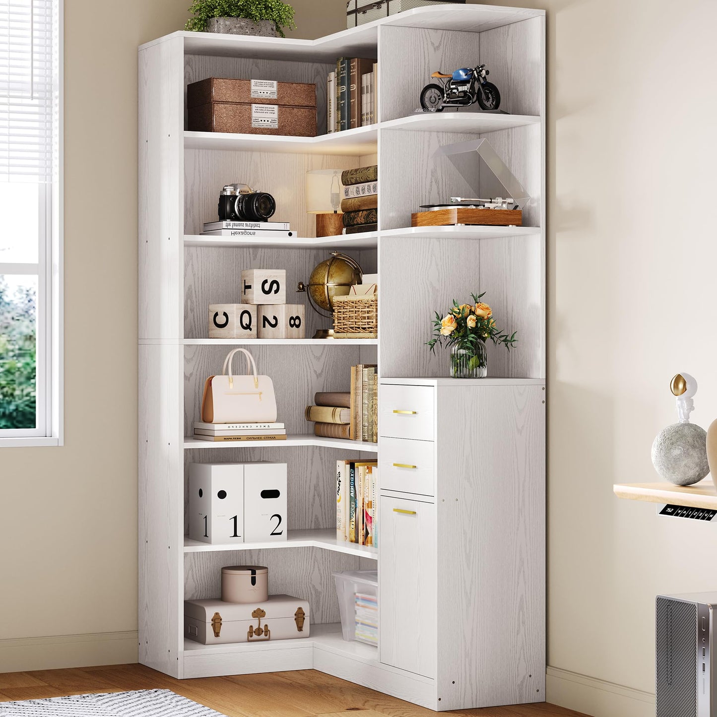IRONCK Corner Bookshelf, 76" Tall Corner Bookshelves, 6 Tiers L-Shaped Bookcase with 10 Open Shelves and 2 Storage Drawers for Living Room or Home Office