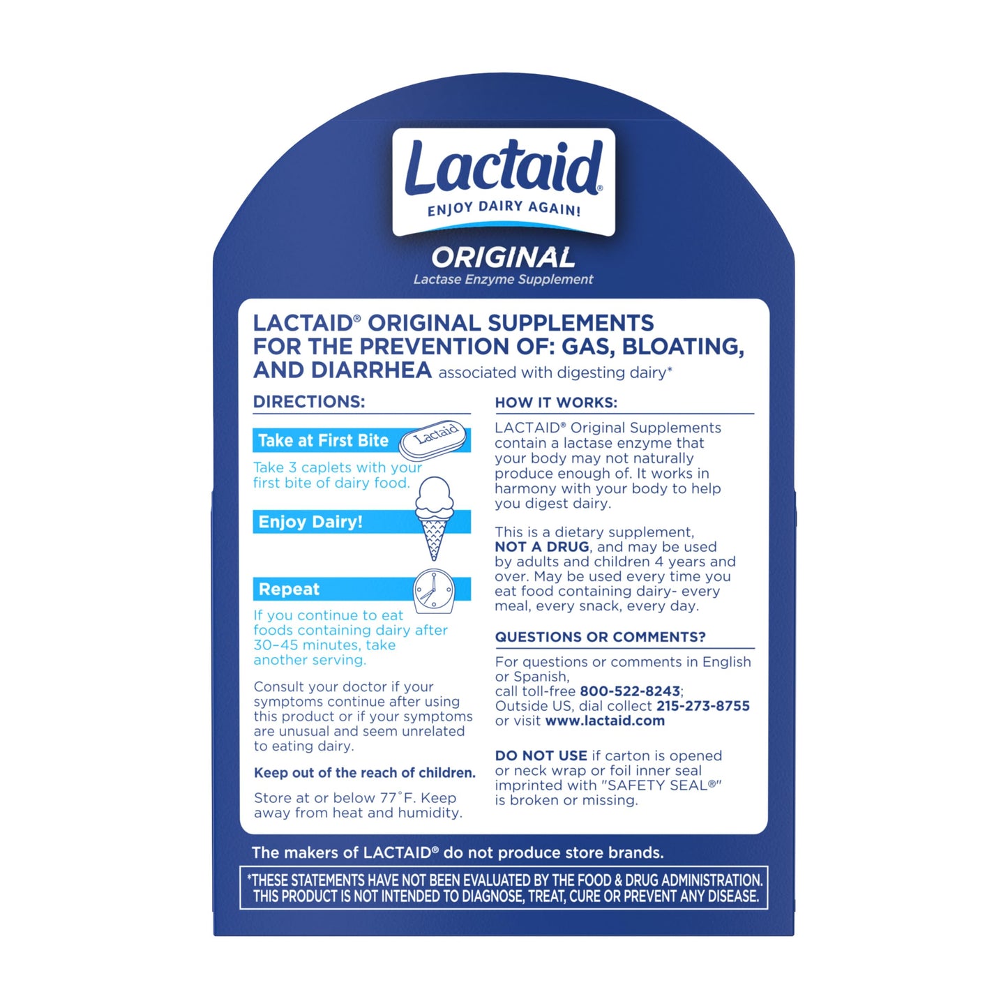 Lactaid Original Strength Lactose Intolerance Pills, 9000 FCC Natural Lactase Enzyme Dairy Relief Caplets, Helps Prevent Gas, Bloating & Diarrhea Due to Lactose Sensitivity in Adults & Kids, 120 Count