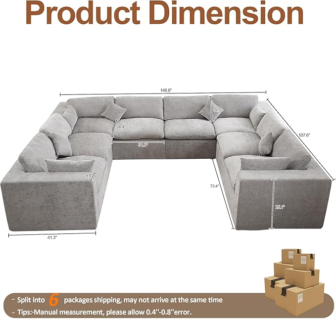 155''Cloud Boneless Sectional Couch, Modular Sectional Sofa Deep Seat, Oversized Upholstered Convertible Comfy 8 Seater Chenille Memory Foam Sofa U Shape Couches for Living Room, Light Grey