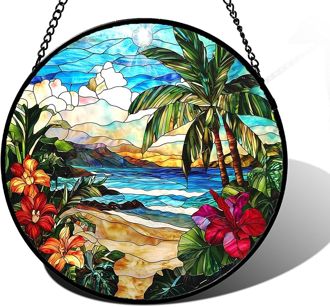 Stained Glass Window Hanging, Blue Beach Scenery Suncatcher Diamond Glass Panel Hangings Sun Catchers Decor for Birthday for Women, Men, Wife, Aunt, and Mom 7.8 in