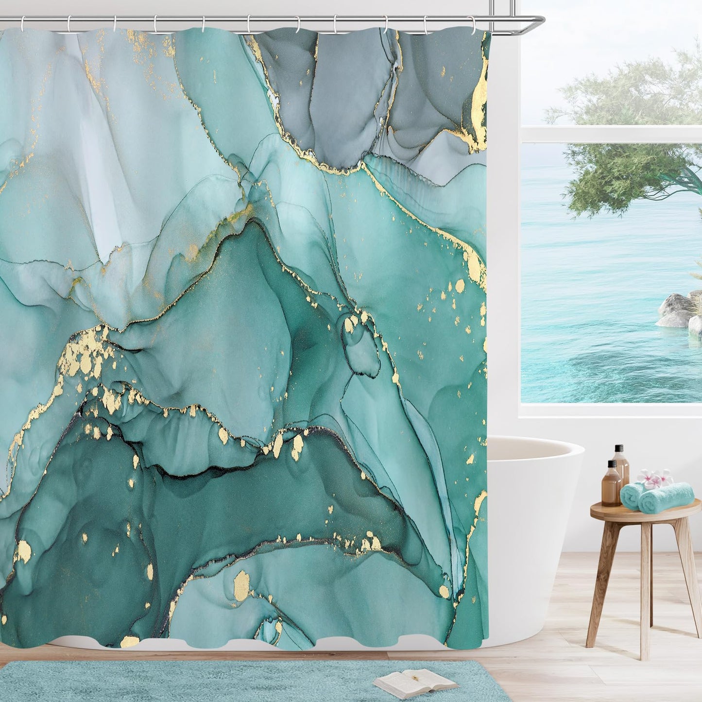 Gibelle Abstract Teal Marble Shower Curtain, Turquoise Marble Shower Curtain for Bathroom, Modern Ink Art Decor Waterproof Fabric Shower Curtain Set with Hooks, 72x72