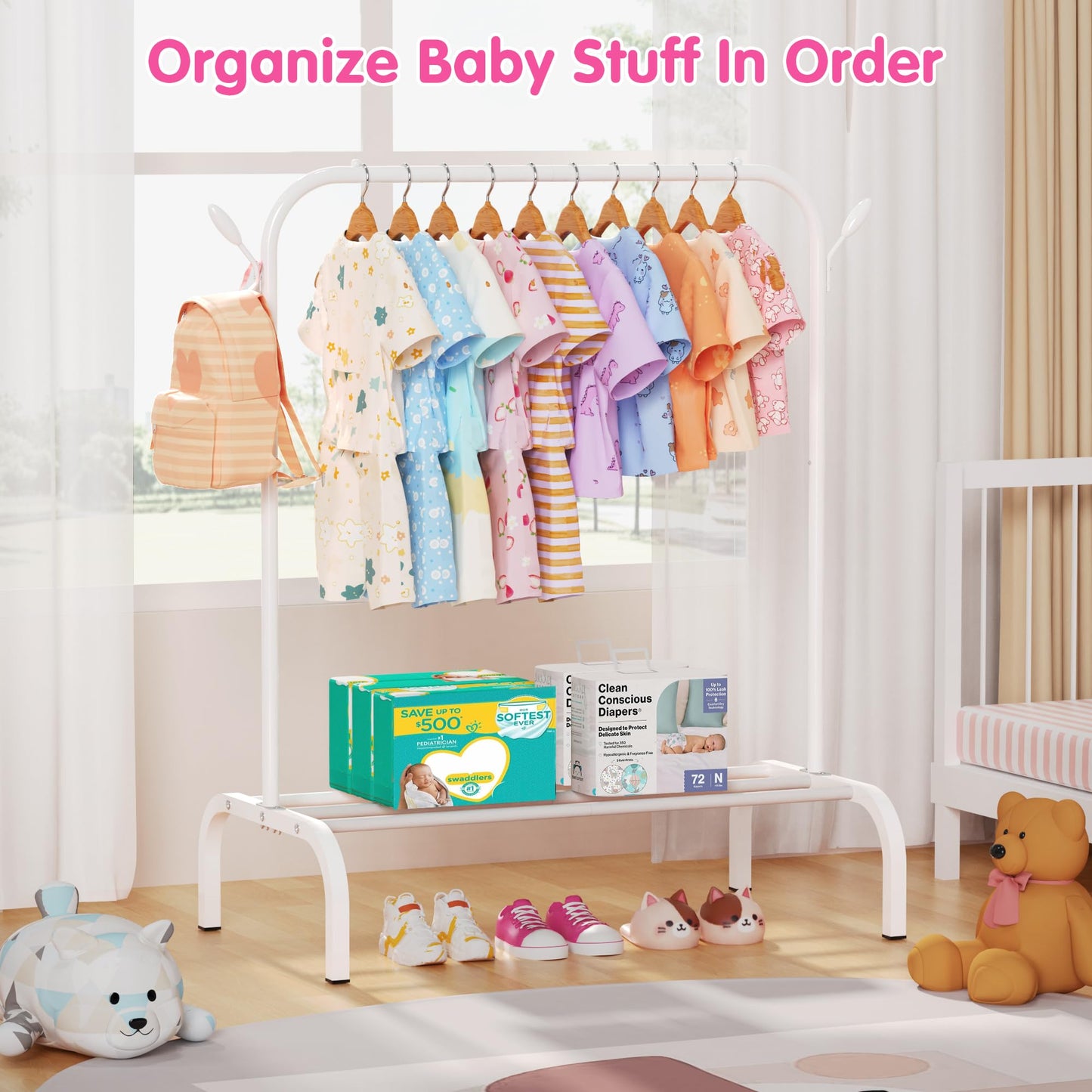 Upgraded Kids Clothing Rack - Dress Up Clothes Rack Baby Toddler Montessori Wardrobe- Small Portable Garment Racks with Storage Shelf and Hooks - for Costumes, Princess Dresses & Shoes, White