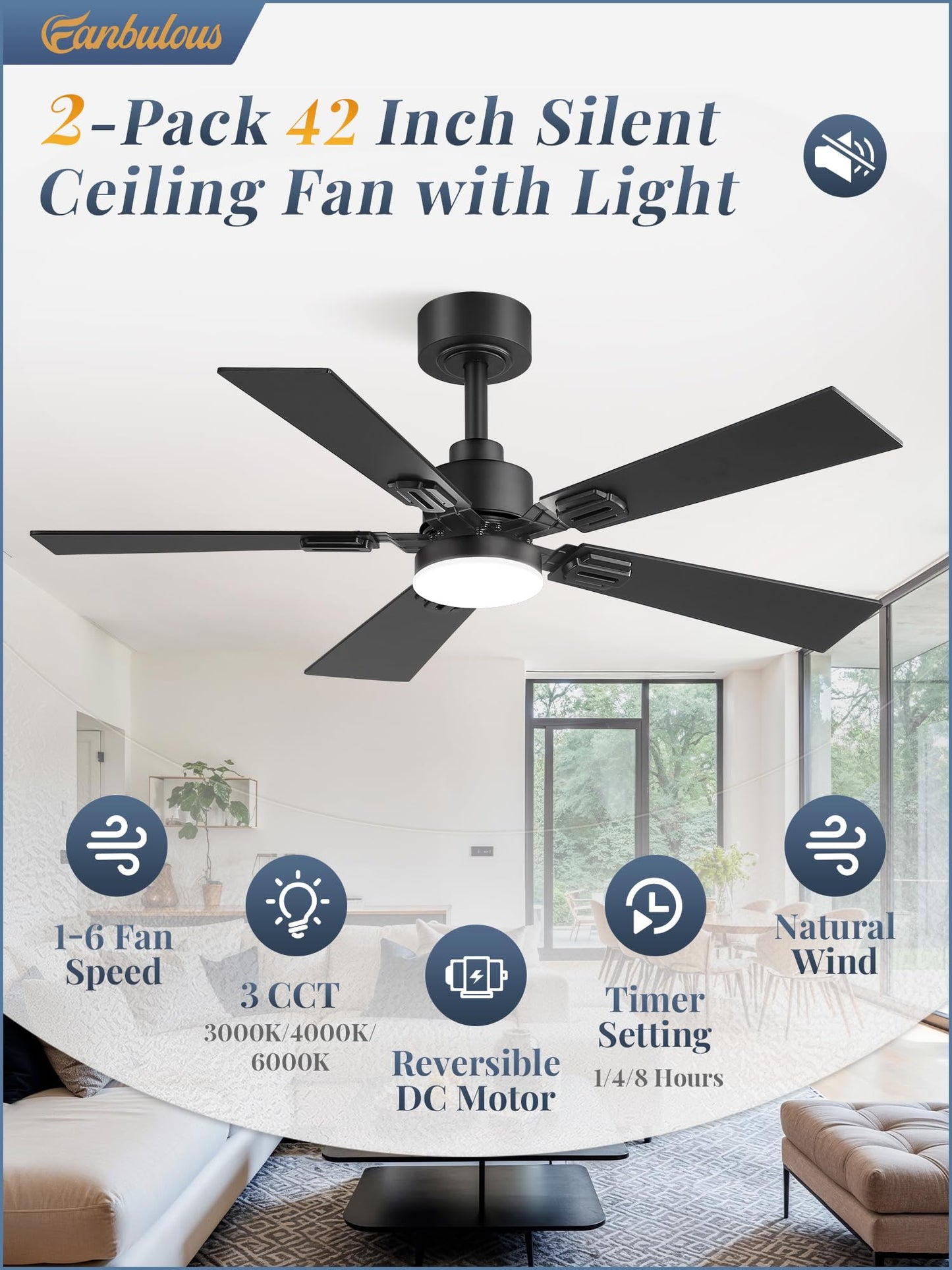 Fanbulous 2 Pack of 42 Ceiling Fans with Lights and Remote, Modern Low Profile Ceiling Fans with Dimmable 3CCT Quiet DC Motor, Reversible Celing Fan with 6-Speeds Timer for Bedroom(Black)
