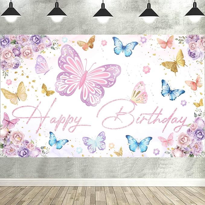 Butterfly Birthday Backdrop Banner Decorations Pink Spring Butterfly Background Photo Booth Props for Butterfly Theme Girl...