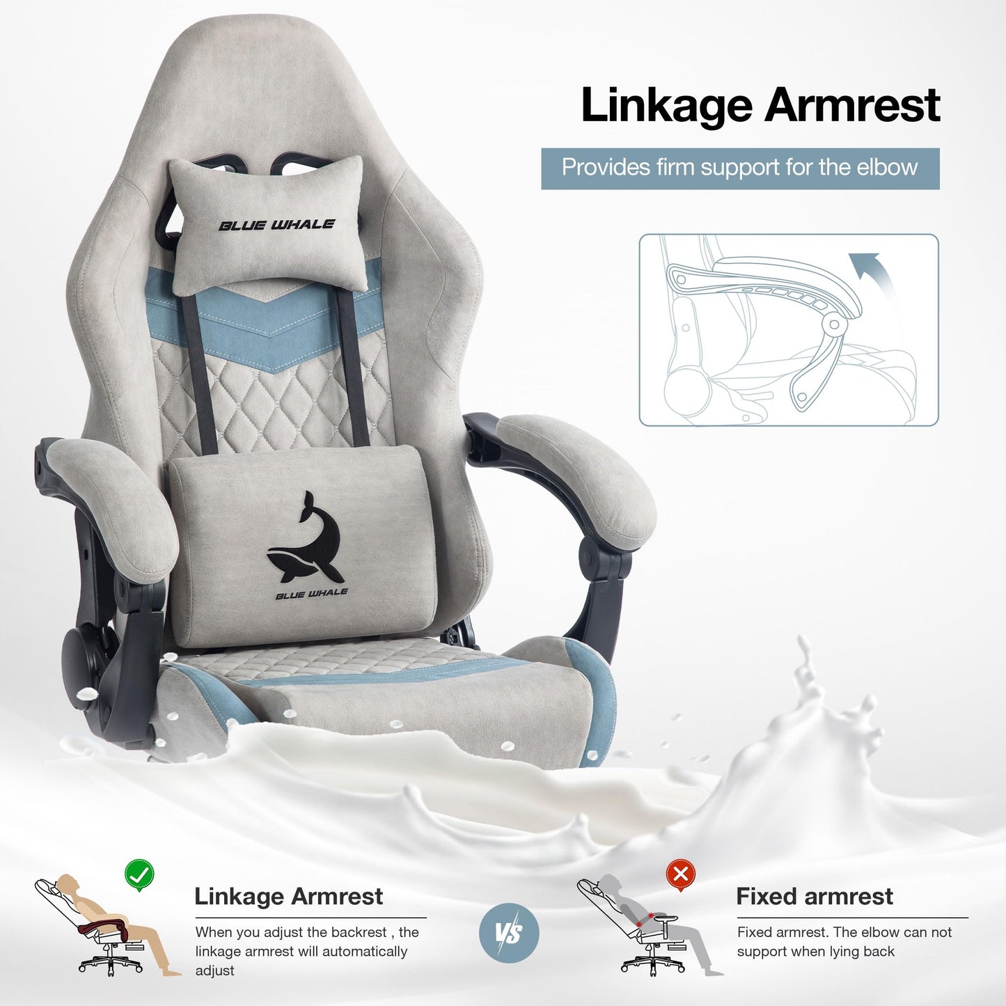 Blue Whale Gaming Chair for Adult 350lbs Computer Chair with Adjustable Lumbar Support Headrest and Footrest Large Size Reclining Gaming Chair Big and Tall Linkage Armrest
