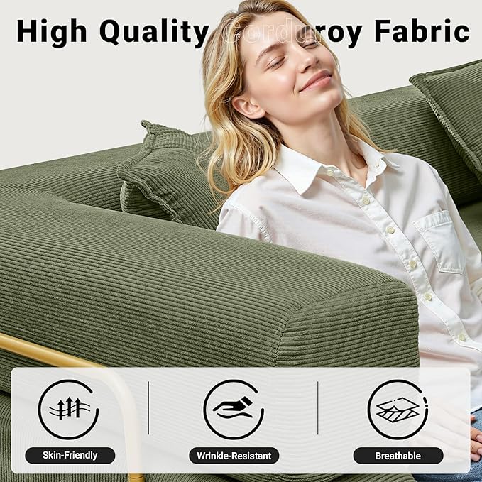108" Oversized Convertible Sleeper Sofa Bed, Corduroy L Shape Sectional Couch, Folding Sofa Bed with Fixed-Shape Frame, Modern Cloud Floor Mattress Couch, Modular Sofa for Living Room, Green