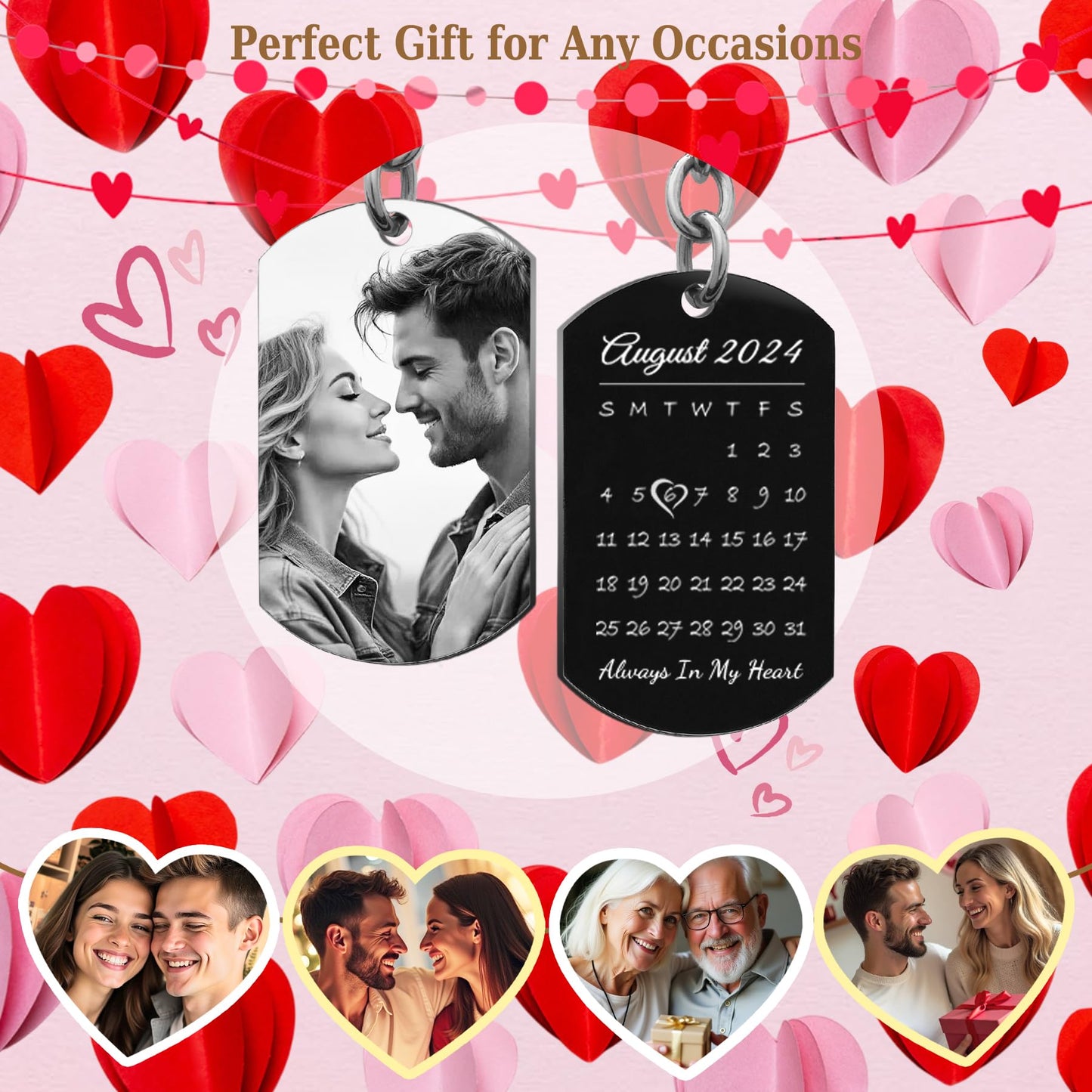 Queenberry Custom Photo Keychain for Husband Boyfriend Laser Engraved Personalized Calendar Date Text Picture Gift for Valentines Day Anniversary