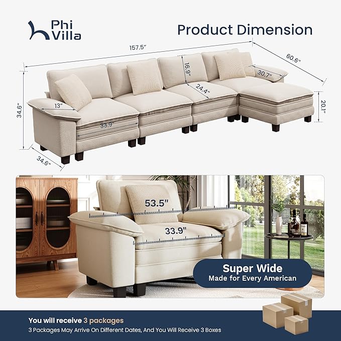 PHI VILLA Cloud Modular Couch Sets, 157.5" Sectional Sofa with L-Shaped Chaise, 5-Seater Upholstered Couches with Movable Ottoman for Living Room, Chenille Fabric, Beige