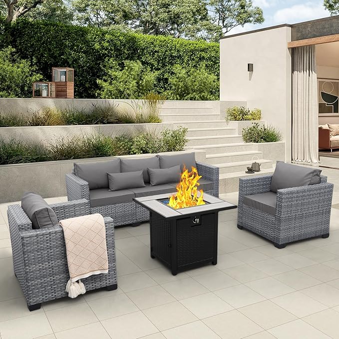 4 Piece Wicker Patio Furniture Sets Outdoor Conversation Set PE Rattan Sectional Sofa Couch with Fire Pit Table and Grey Cushions