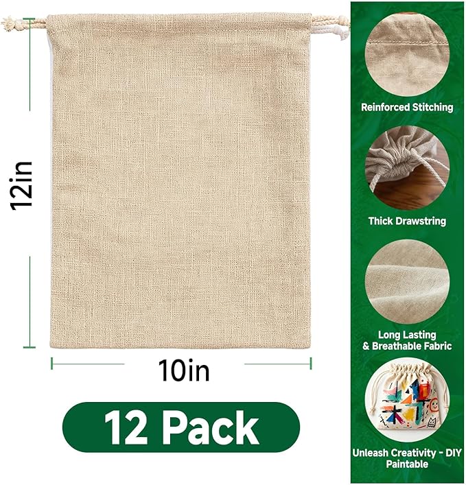 Simple&Opulence 12-Pack 10” x 12” Linen Cotton Drawstring Bags Reusable Grocery Sacks, DIY Craft Sachet Sacks Storage Cloth Bags for Party Wedding Home Bulk Produce Bags, Washable, Natual Linen