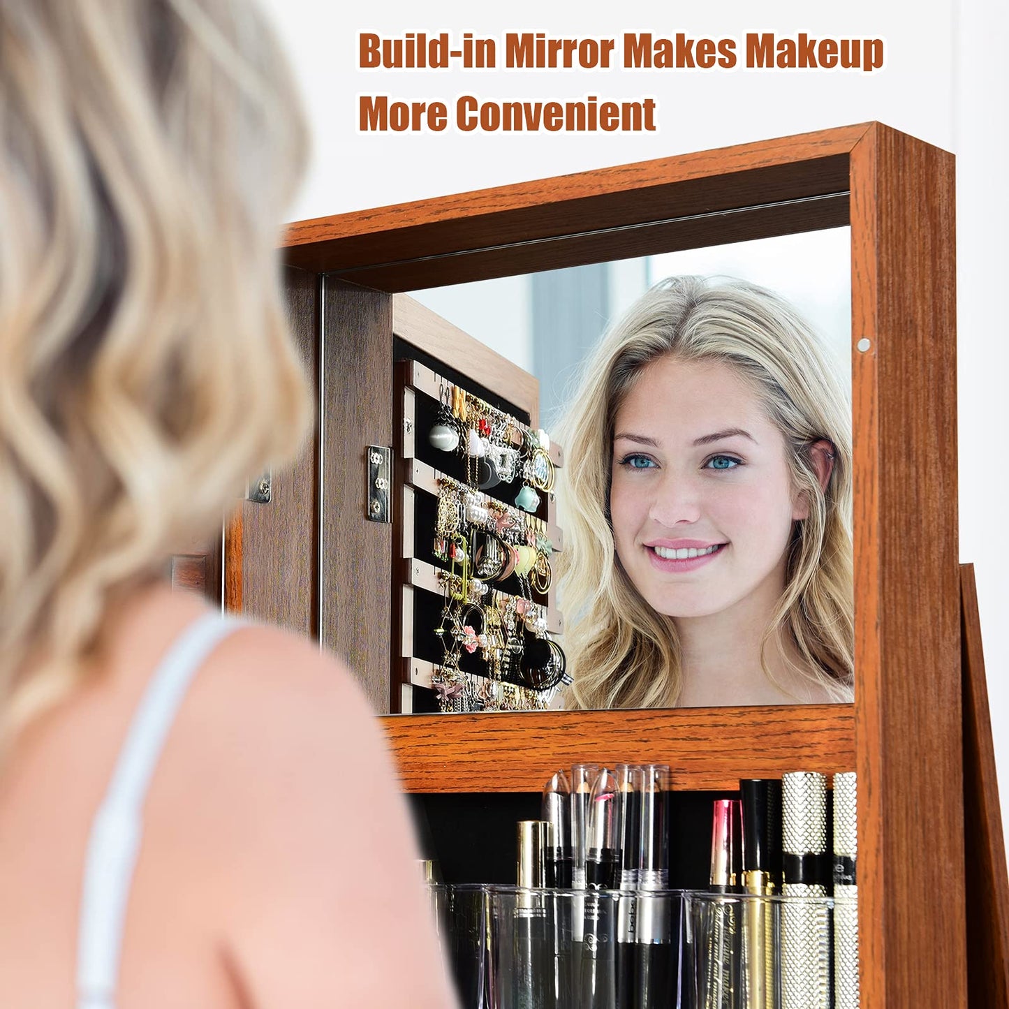 squareful OFFICEJOY 360°Rotating Jewelry Armoire w/Full Length Mirror, Inside Makeup Mirror, Lockable Standing Jewelry Cabinet, Mirrored Jewelry Cabinet Organizer for Rings Earrings Cosmetic (Brown)