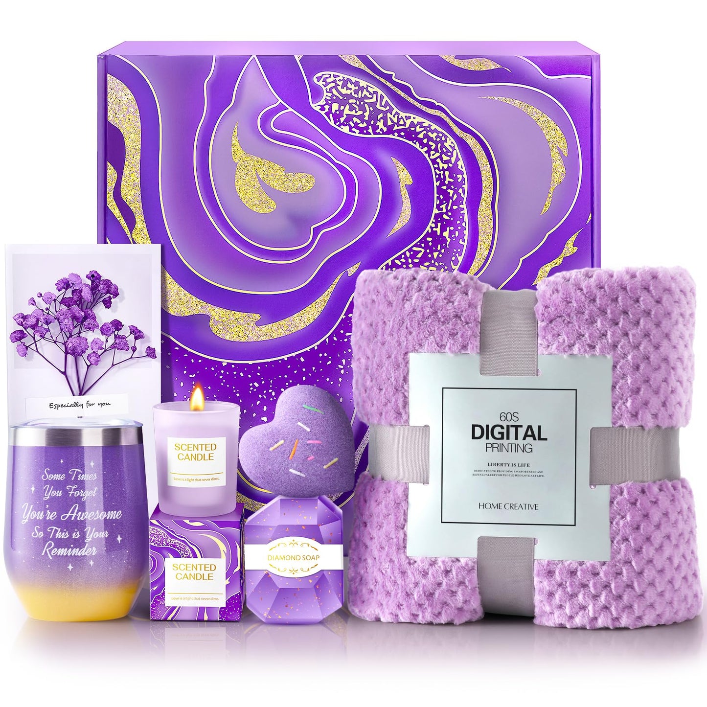 Happy Birthday Gifts for Women, Mom, Her, Girlfriend, Bestie, Sister, Wife - White Elephant, Christmas, Self Care Gift Basket with Luxurious Flannel Blanket
