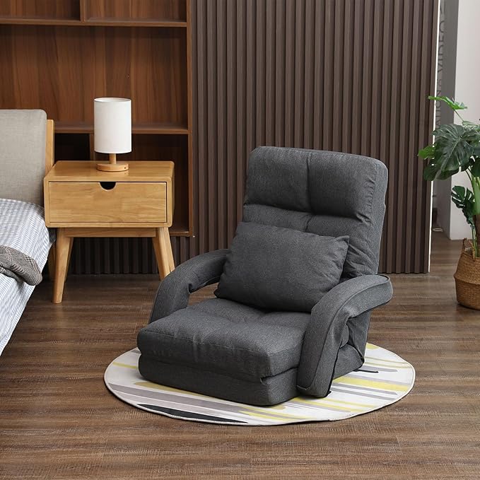 DeeLyan Indoor Floor Chair with Armrest and Pillow Folding Chaise Lounge Sofa 14-Position Adjustable Comfy Gaming Recliner Chair Padded Seats for Adults (Grey)