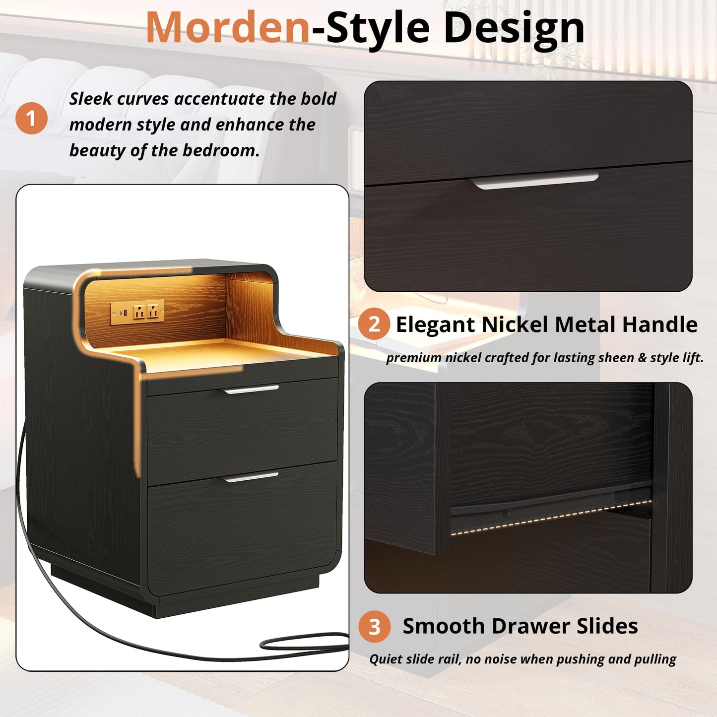 LIKIMIO Nightstand with Charging Station and LED Lights, Night Stand with Pull-Out Shelf, Morden End Table with 2 Drawers, Bedside Table for Bedroom, Black