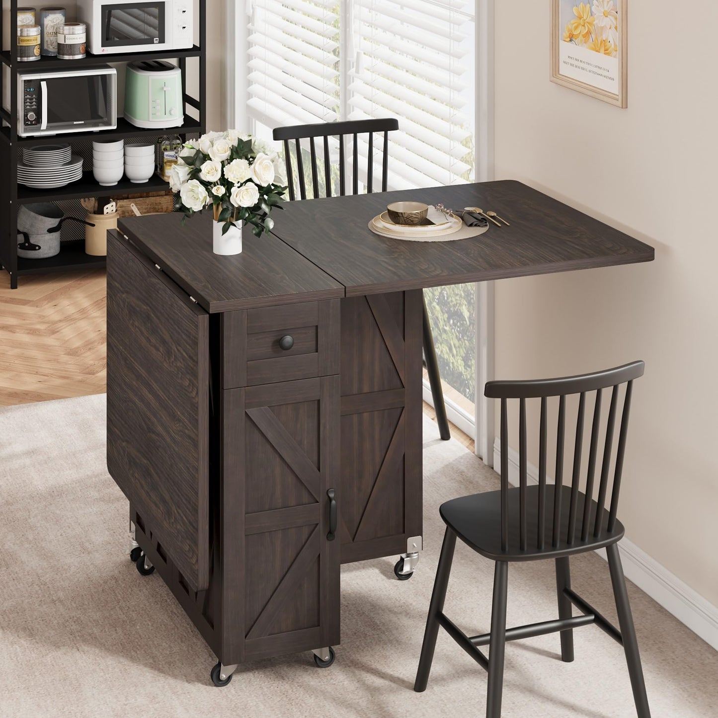 Jocoevol Space Saving Folding Dining Table, Farmhouse Foldable Dining Table with Drawer and 2-Layer Storage Shelf, 6 Wheels Multipose Expandable Kitchen Drop Leaf Table for Small Space (Dark Walnut)
