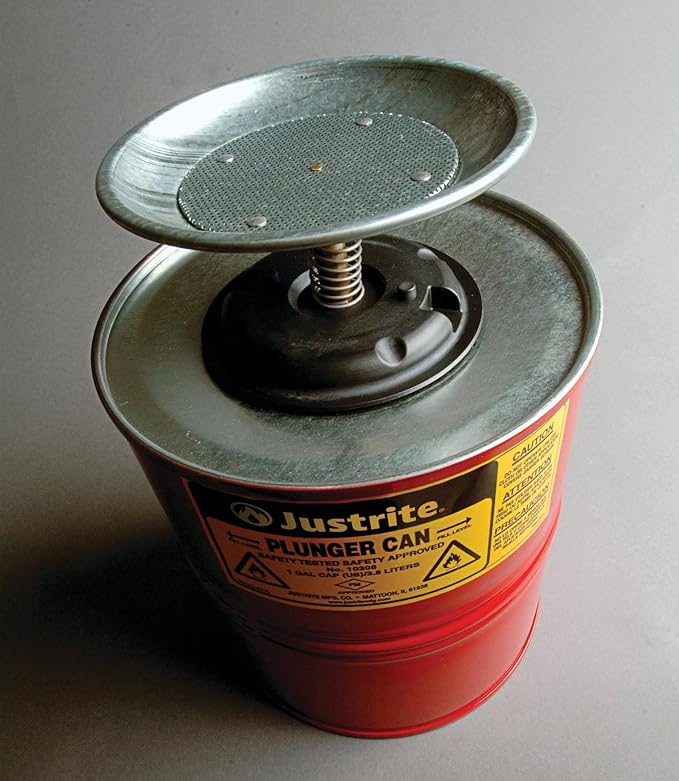 Justrite Plunger Can for Solvents, 1 Gallon Capacity, 10.5" x 7.25" Steel Push-Down Solvent Dispenser Can, Made in The USA Industrial Mechanic Tools, Red, 10308