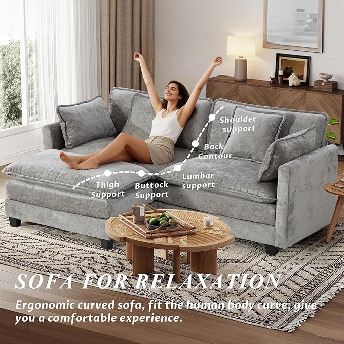 SoarFlash Chenille 77.95" Sectional Sofa, Comfy L Shaped Modular Coush Sofa with Ottoman, Modern 2 Seat Couch Deep Seat Sofa Set for Living Room,Grey