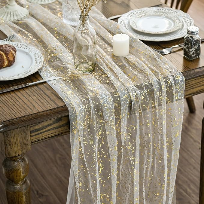 Artoid Mode Beige Gold Gauze Table Runner 120 Inch 10FT, Glitter Metallic Foil Sheer Dining Wedding Anniversary Holiday Bi...