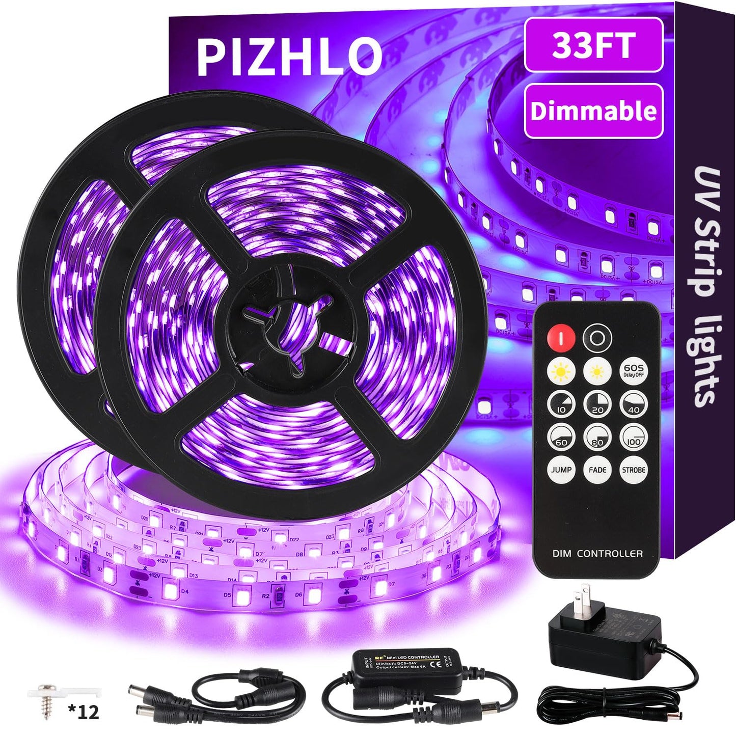 PIZHLO Upgraded 33ft/10M LED Black Light Strip Set with Remote, 600 LEDs, 12V Self-Adhesive Dimmable Black Light Fixture, for Dance Parties, SMD2835 LED Lamp Beads, Non-Waterproof