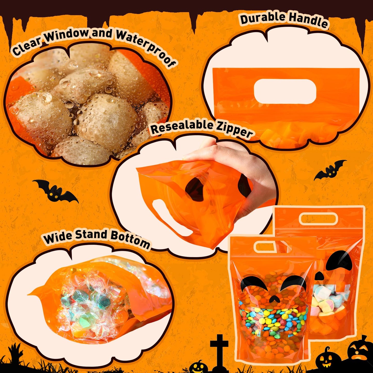 Blosssound 50 Pcs Halloween Plastic Bags Trick or Treat Sealed Bags with Handles Pumpkin Favor Pouches for Home Trick or Treat Party Candy Guests Gift Wrapping Supplies Decor (Halloween)