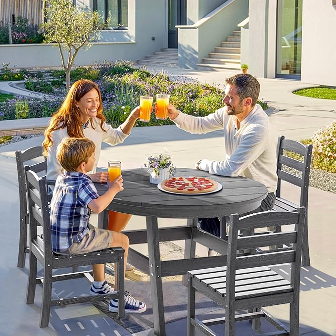 PamapicLife 5 Piece Round Outdoor Dining Set, Relaxing HDPE Outdoor Table and Chairs with 105° Ergonomic Backrest, All-Weather Patio Table and Chairs Set with Umbrella Hole for Porch, Poolside, Gray