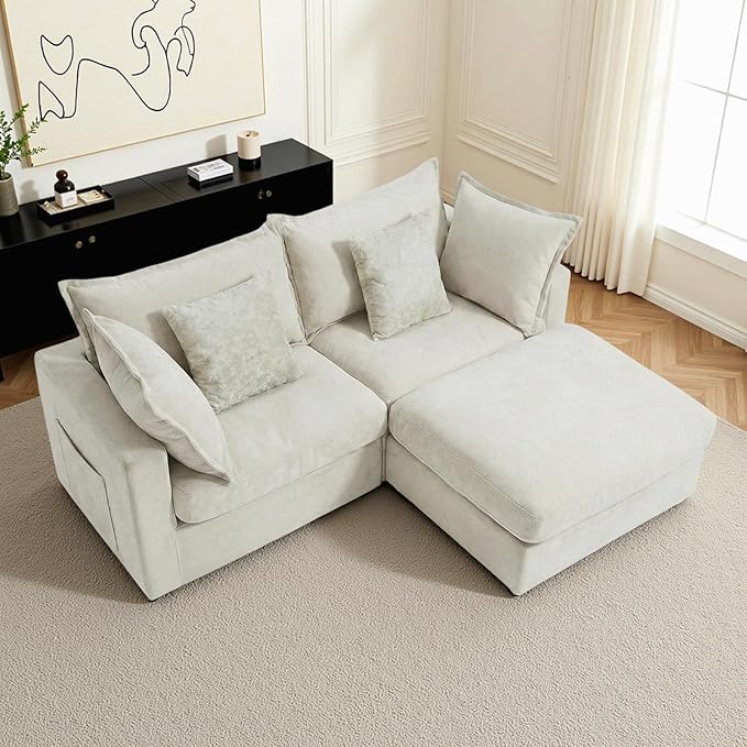 ModernMate 83" Modular Sectional Sofa, L Shaped Couch Set for Living Room, Down Filled Cloud Couch with Storage Ottoman, 2 Seater Loveseat Deep Seat Sofa, Chenille, Beige