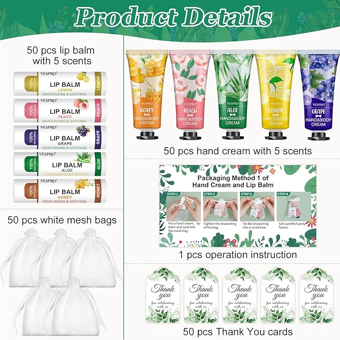 50 Sets Bulk Hand Cream and Bulk Lip Balm, Valentines Day Gifts for Her, Mothers Day Gifts, Bridal Shower Favors for Guests with Thank Card Organza Bags, Wedding Favors, Teacher and Nurse Gift