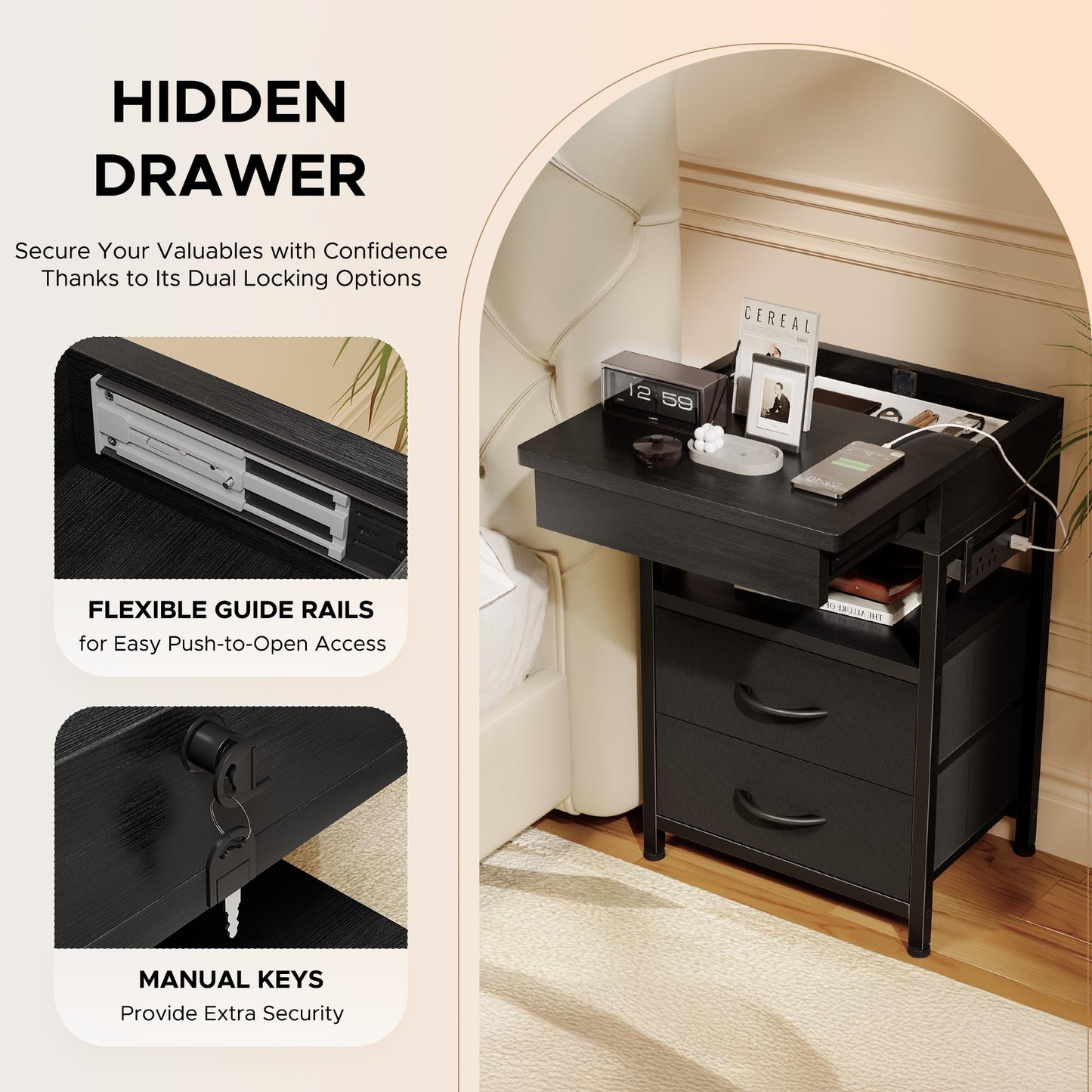 Lazzanto Nightstand Hidden Drawer Charging Table - Night Stand with Charger Station and Sliding Top Storage, Morden Bedside Table with 2 Fabric Drawers, for Dorm Living Room Bedroom, Black