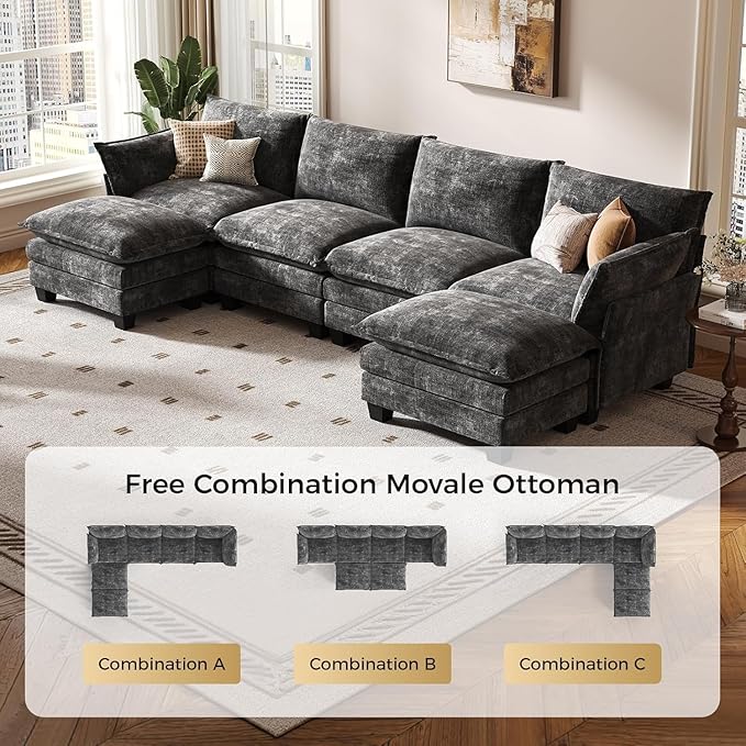 KKL 120" Modular Sectional Sofa for Living Room, U-Shaped 6 Seater Convertible L-Shaped Cloud Couch with Ottoman, Chenille Modern Sectional Couches for Living Room, Apartment, Grey