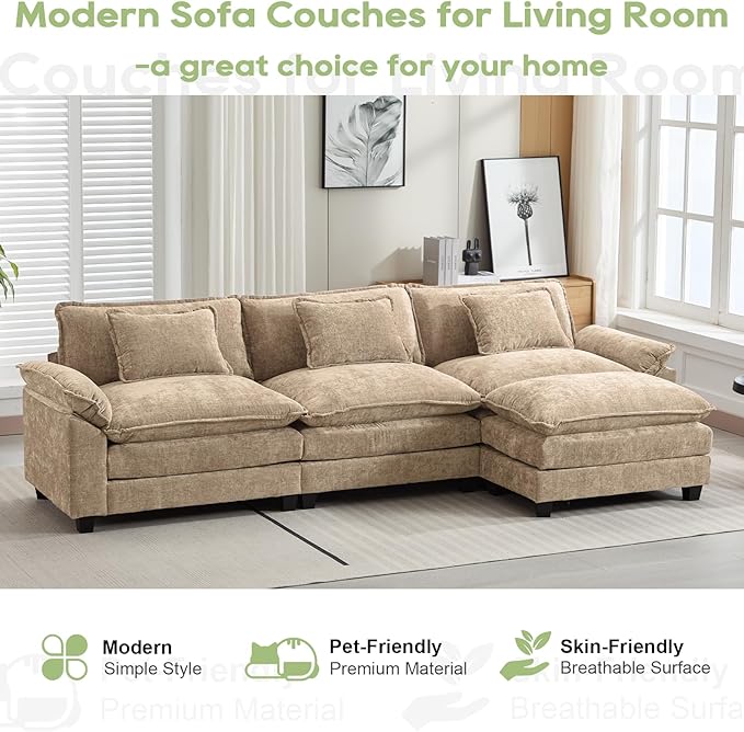 Oprisen 120" Modular Sectional Sofa, Comfy Cloud Couch Sectional Sofa with Ottoman, Chenille Sofa Sleeper Deep Seat Sofa with Throw Pillows for Living Room (Khaki, 120"- L Shape)