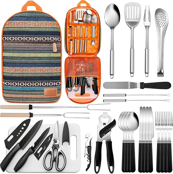 Portable Camping Kitchen Utensil Set-27 Piece Cookware Kit, Stainless Steel Outdoor Cooking and Grilling Utensil Organizer...