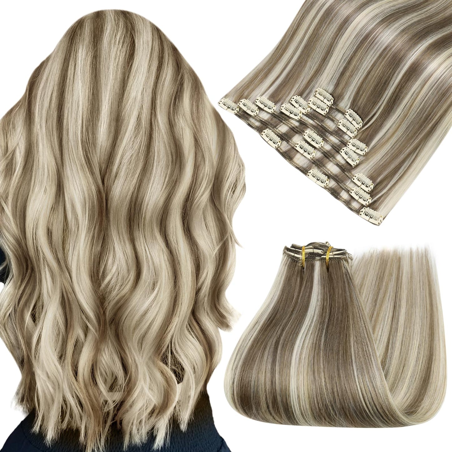 Easyouth Clip in Hair Extensions Highlight Remy Human Hair Clip in Extensions Light Brown with Highlight Blonde Straight Clips o