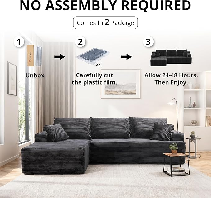 105" Cloud Sectional Couch with L-Shape Chaise, Modular Sectional Sofa with Deep Seat & 2 Cup Holders, Modern Corduroy Boneless Couches for Living Room, No Assembly Required, Left Facing Chaise, Black | Pet Friendly, Flexible Layout