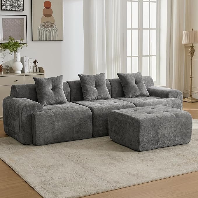 YAAREE 101.65” Modular Sectional Couch for Living Room, Modren L-Shape Cloud Sectional 3-Seater Sofa with Movable Ottoman, Woven Texture Upholstery Boneless Couch, No Assembly Grey