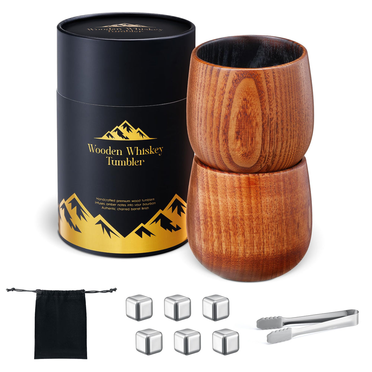 Charred Wooden Bourbon Drinking Glass, 2 Handcrafted Whiskey Tumblers | Bourbon Gifts for Men | Charred Old Fashioned Glass | Unique Whiskey Gifts for Men, Dad, or Brother - Includes 6 Metal Ice Cubes