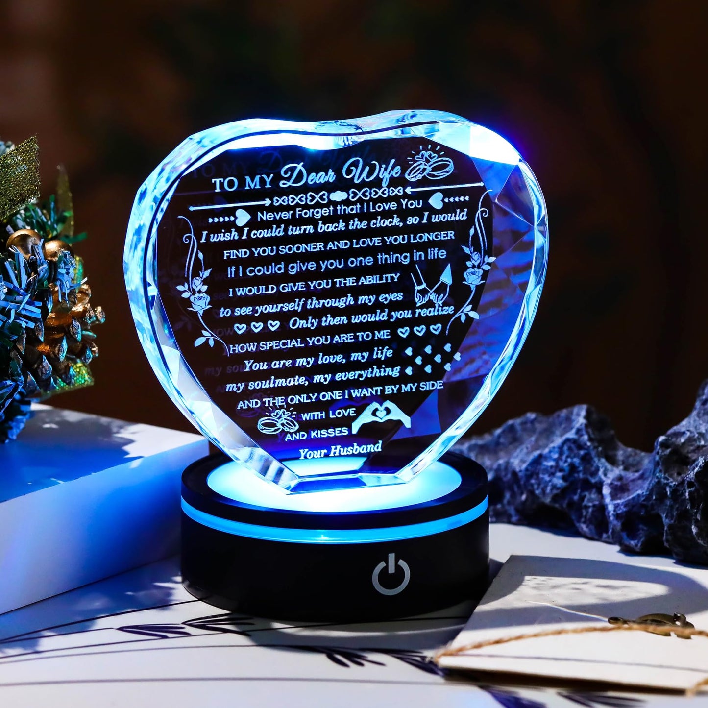 Arikyrist Gifts for Wife with Colorful LED Base Romantic Wife Anniversary Birthday Gift Ideas Crystal Heart to My Wife Gifts from Husband on Valentine's Day Christmas Mother's Day