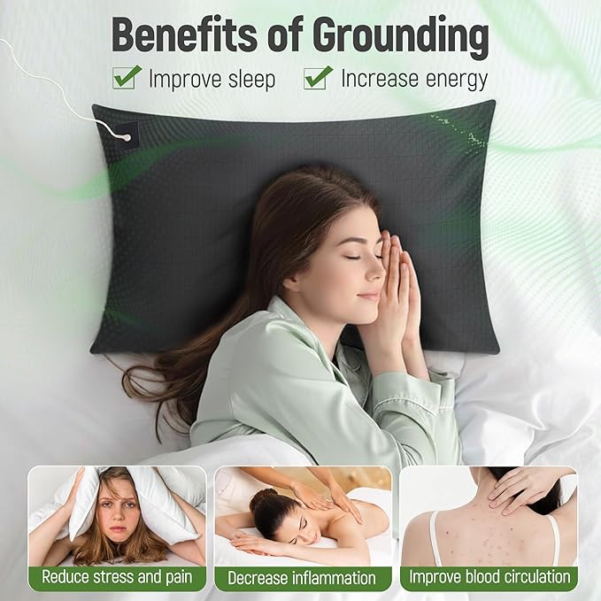 Groundingtop 1PC Grounding Pillowcase 10% Pure Silver Fiber+90% Cotton, Grounding Sheet at Home-Make You Healthier's Earth Connected Pillow Cover with Grounding Cord Included (Black, 20x30in)