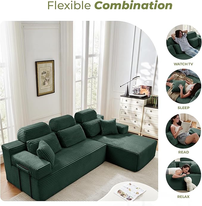 104" L-Shaped Cloud Modular Sectional Sofa with Chaise & Headrest, Boneless Deep Seat Plush Corduroy Couches for Large Living Room, No Assembly Required (Green, 104" L-shapred Chaise)